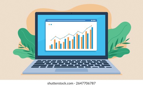 Stock market results bar chart on internet tile screen. Website with stock market chart on laptop screen. Flat design vector. Marketing results graph.