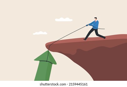 Stock market salvage, The process of rehabilitation or the stock market. Facing the financial or investment crisis. A businessman tries to pull an arrow graph up from a cliff.