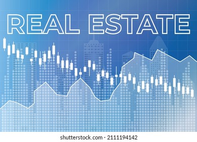 Stock market sector Real Estate, change price on financial markets. Text Real Estate on blue finance background from candlesticks, line, city shape