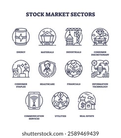 Stock market sectors visualized with outline icons. Key objects, energy, healthcare, real estate. Outline icons set.