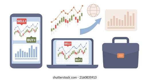 Stock market set icon. Candlestick chart of technical analysis. Index of world stock exchanges. Trading strategy. Financial statistics, market research, investments. Vector flat illustration 