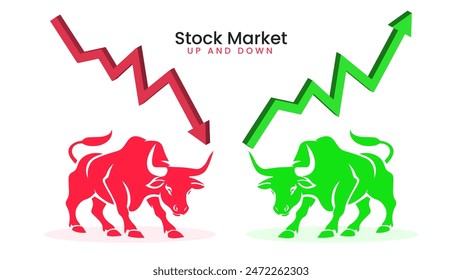Börsenanteil nach oben und unten mit Bullen-Vektorillustrationen