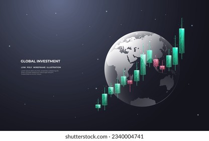 Stock market signs. Technological graph chart growth on dark Globe background. The abstract digital conception of world economics or finance. Low poly glowing stock candlesticks. Vector image.