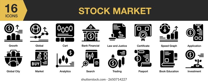 Stock Market solid icon set. Includes finance, business, growth, investment, market, and More. Solid icons vector collection.