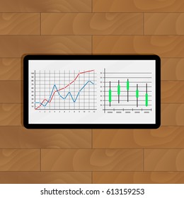 Stock market statistics and quotes. Presentation forecast on tablet, vector illustration