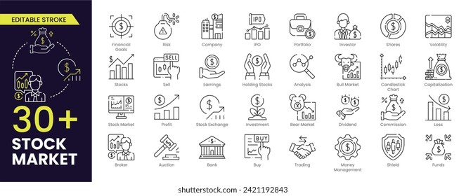 Stock market Stroke icon set. Containing stocks, stock exchange, financial goal, shares, investment, bull market, bear market and investment icons. Outline icon collection. Vector illustration.