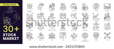 Stock market Stroke icon set. Containing stocks, stock exchange, financial goal, shares, investment, bull market, bear market and investment icons. Outline icon collection. Vector illustration.