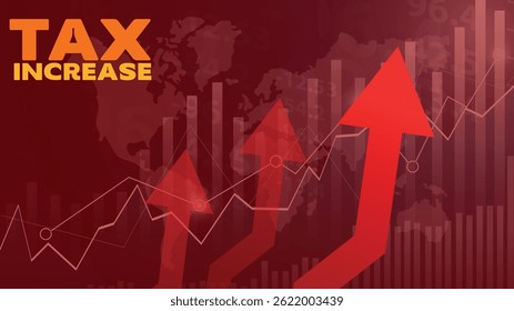 Stock market tax increase chart with red background and upward arrow illustration