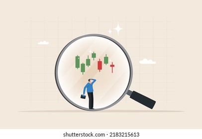 stock market technical analysis. Transition between rising and falling trends price patterns with signals. Investors use magnifying glasses to analyze investment charts.