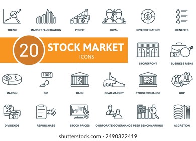 Stock Market thin line icon set. Trend, Market Fluctuation, Profit, Rival, Diversification, Benefits, Storefront, Business Risks, Margin, Bid icons and more