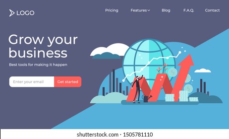 Stock market tiny persons vector illustration landing page template design. Positive and successful money growth indicators as global investment business value improvement. Finance and economy profit.