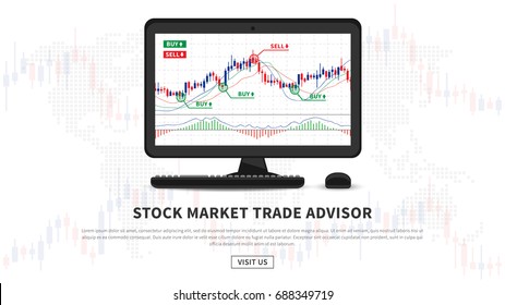 Stock market trade advisor vector illustration. Software to define points to sell or buy creative concept. Forex application gives signals to buy and sell graphic design.
