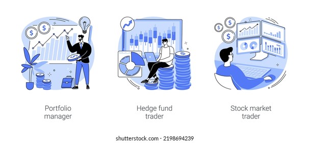 Stock market trade isolated cartoon vector illustrations set. Portfolio manager consult on investment strategy, hedge fund trader maximize business profit, financial analytics vector cartoon.