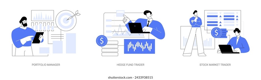 Stock market trade isolated cartoon vector illustrations set. Portfolio manager consult on investment strategy, hedge fund trader maximize business profit, financial analytics vector cartoon.