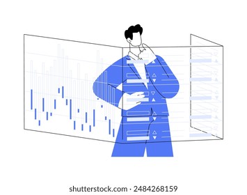 Ilustración vectorial abstracta del concepto del operador del mercado de valores. El operador del mercado de valores mira los gráficos proyectados, la tecnología blockchain, la recaudación de dinero, las estadísticas y la metáfora abstracta de análisis.