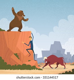 Stock Market Trader Concept Bull and Bear Fight Trend Business Man Climb Rock Flat Vector Cartoon Illustration