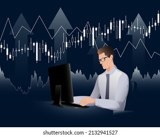 A stock market trader looking at the computer screen. Broker working on the stock market. Vector illustration