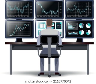 Stock market trader looking at multiple computer screens. Broker working on the stock market at the workplace. Vector illustration