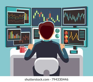 Stock market trader looking at multiple computer screens with financial and market charts. Business analysis vector concept. Broker and trader financial on work place illustration