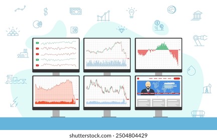 Stock market trader multiple computer monitors with moving down financial charts, diagrams and news. Business index analysis downtrend graphs concept. Broker exchange trading workplace. Eps