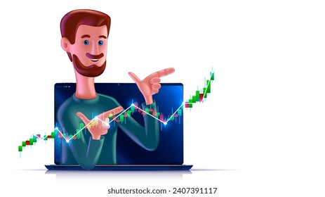 Stock market trader on screen laptop show financial investment graph. 3d vector character of stock exchange trader. 3d cartoon smiling man on screen laptop shows on stock growth chart. Profit chart.