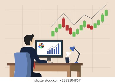 Stock market trader, technical analysis to buy and sell shares for profit, investment or wealth management, trend following concept, businessman trader analyzing charts using computer.