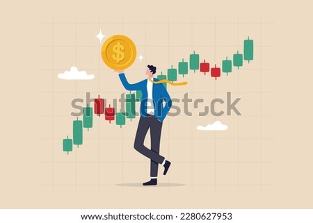 Stock market trader, technical analysis to buy and sell stock to earn profit, investment or wealth management, trend following concept, businessman trader hold money dollar coin with chart and graph.