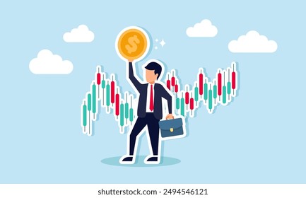 Stock market trader uses technical analysis to buy and sell stocks for profit, focusing on investment and wealth management, concept of businessman trader hold money dollar coin with chart and graph.