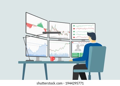 Operador de bolsa en el lugar de trabajo mirando múltiples pantallas de computadora con gráficos, diagramas y gráficos financieros. Concepto de análisis de índices de negocio. Ilustración de vectores de intercambio de bolsa