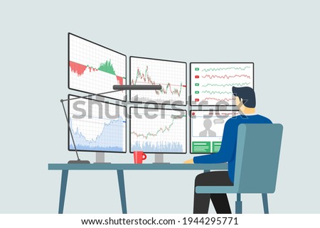 Stock market trader at workplace looking at multiple computer screens with financial charts, diagrams and graphs. Business index analysis concept. Broker exchange trading vector illustration