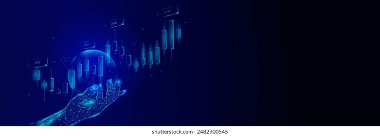 Bolsa de comercio 3d candelabro azul oscuro de fondo. Gráfica abstracta de poli bajo. 