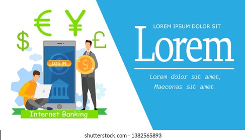 Stock Market Trading App Flat Banner Template. Businessman Holding Coin and Guy Using Laptop Cartoon Characters. Personal Money Management Account, E commerce. Online Payment System Illustration