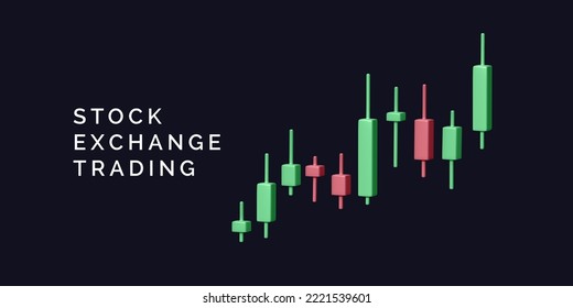Stock market trading banner. Sall and buy assets. 3D candlestick chart with rise price on stock market. Vector illustration