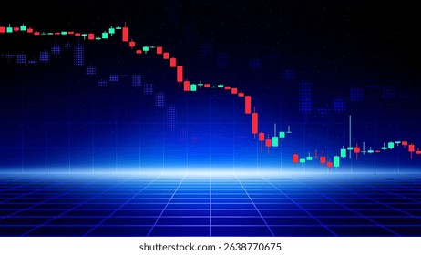 Stock market trading chart. Abstract finance blue background. Falling financial market. Japanese candlesticks. Investment concept. Economy trends background for business. Vector illustration