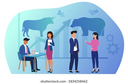 Stock market trading concept. Businesspeople brokers or traders analysing global market and finance News for buying or selling bonds and currency. Flat cartoon vector illustration.