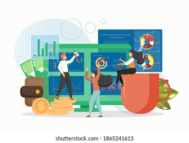 Stock market and trading concept flat vector illustration. Computer screen, board with stock market data and successful business people happy traders, gold coins.