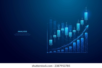 Stock market or trading graph chart on technology blue background. Forex Japanese candlesticks as holograms. Finance and trade concept. Exchange metaphor. Low poly abstract vector illustration.