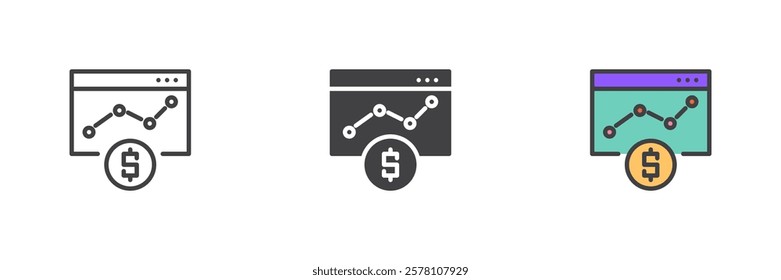 Stock market trading graph different style icon set. Line, glyph and filled outline colorful version, outline and filled vector sign. Symbol, logo illustration. Vector graphics