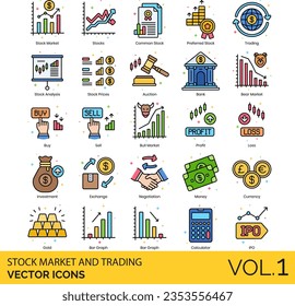 Stock Market and Trading Icons, Appreciation, Ask, Auction, Bank, Bankruptcy, Decreasing, Bear Market, Bid, Bonds, Bull Market, Buy, Calculator, Capital, Commission, Commodity, Crash, Currency