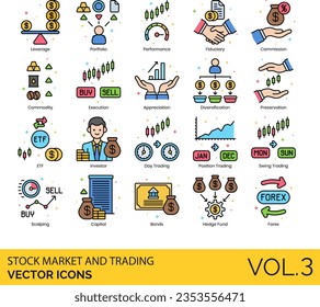 Stock Market and Trading Icons, Appreciation, Ask, Auction, Bank, Bankruptcy, Decreasing, Bear Market, Bid, Bonds, Bull Market, Buy, Calculator, Capital, Commission, Commodity, Crash, Currency