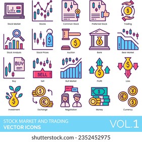 Stock Market and Trading Icons including Appreciation, Ask, Auction, Bank, Bankruptcy, Decreasing, Graph, Bear Market, Bid, Bonds, Bull, Market, Buy, Calculator, Capital, Commission, Commodity, Common