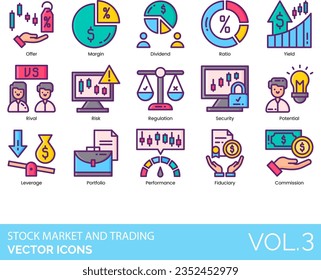 Stock Market and Trading Icons including Appreciation, Ask, Auction, Bank, Bankruptcy, Decreasing, Graph, Bear Market, Bid, Bonds, Bull, Market, Buy, Calculator, Capital, Commission, Commodity, Common