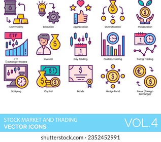 Stock Market and Trading Icons including Appreciation, Ask, Auction, Bank, Bankruptcy, Decreasing, Graph, Bear Market, Bid, Bonds, Bull, Market, Buy, Calculator, Capital, Commission, Commodity, Common