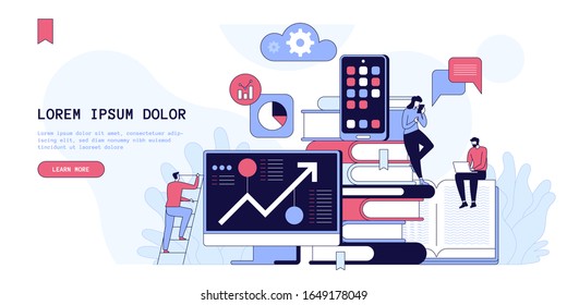 Stock Market Trading Landing Page Vector Template. Business Literacy, E Trading Website Homepage Interface Idea With Flat Illustrations. Data Analysis, Research Service Web Banner Cartoon Concept