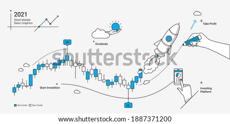 Stock market trading platform illustration with rocket, candle chart and technical analysis symbols. Modern linear graphic style.