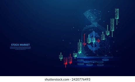 stock market trading profit illustration on coin bag and stock growth candlestick. blue low poly style futuristic background. vector illustration.