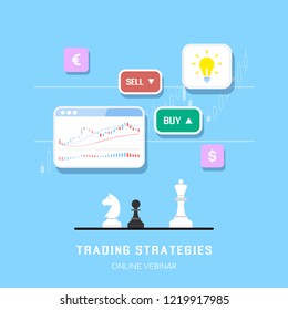 Stock market trading strategies banner design fo online webinar or online post. Stock market analysis and investment. Flat style illustration. 