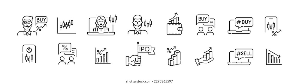 Stock market trading strategies. Financial investment growth. Trader, IPO, app. Pixel perfect, editable stroke icons set