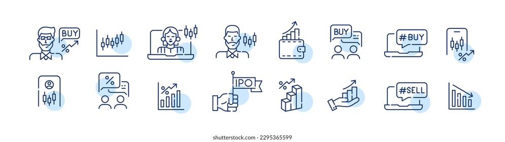 Stock market trading strategies. Financial investment growth. Trader, IPO, app. Pixel perfect, editable stroke icons