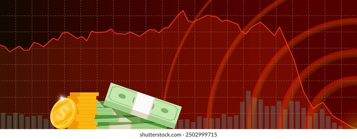 Anuncio de caída del gráfico de barras de análisis técnico de operaciones bursátiles. Tendencia a la baja del intercambio de gráficos de velas de negocios. Gráfico de desaceleración económica y pérdida de inversión. Crash y quiebra del índice financiero de los operadores